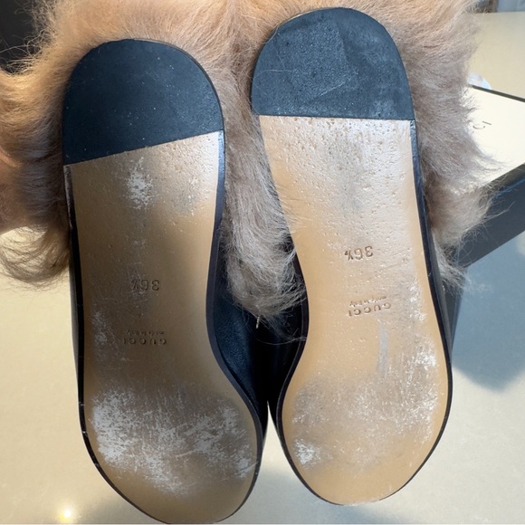 GUCCI Princetown Mule Fur Slippers With Embroidered Bees and Stars Black Leather - Picture 11 of 14
